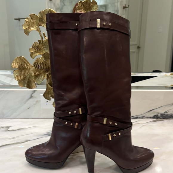 Cole Haan Nike Air Knee High Boots. SZ 7. Dark Brown. 4 in heels. Brass detail. - Picture 3 of 15
